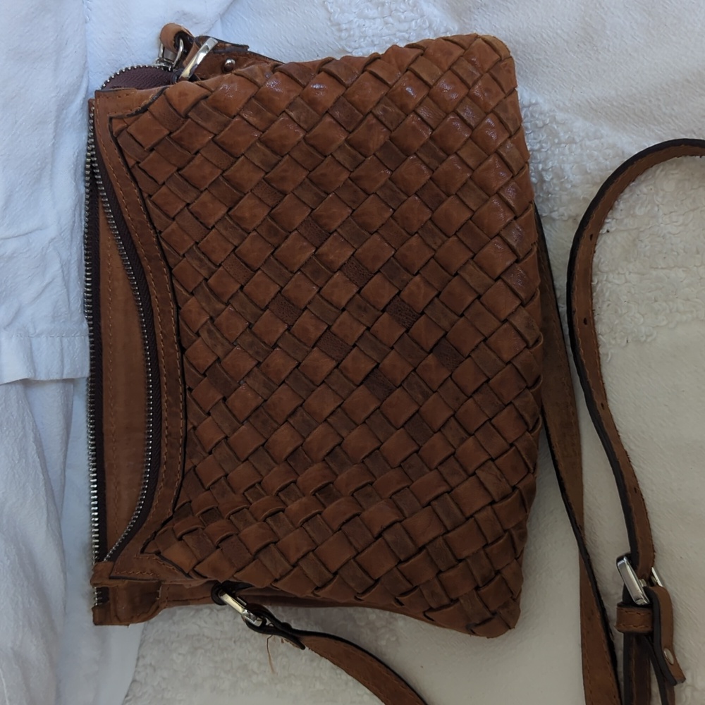 Macon Collection Cognac Leather Woven Crossbody